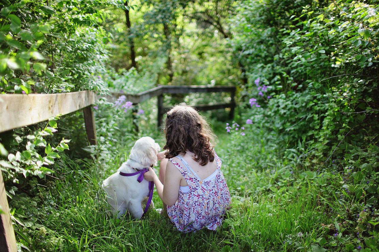 Mädchen und Hund spielen im Sommer im Garten Ihren Garten bereit machen für den Sommer Das machen Sie so